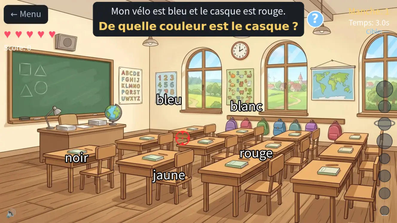 ABC Smash, leçon « Lis et réponds » : la phrase « Mon vélo est bleu et le casque est rouge. » avec la question « De quelle couleur est le casque ? » et les mots bleu, blanc, noir, rouge et jaune flottant dans une salle de classe.