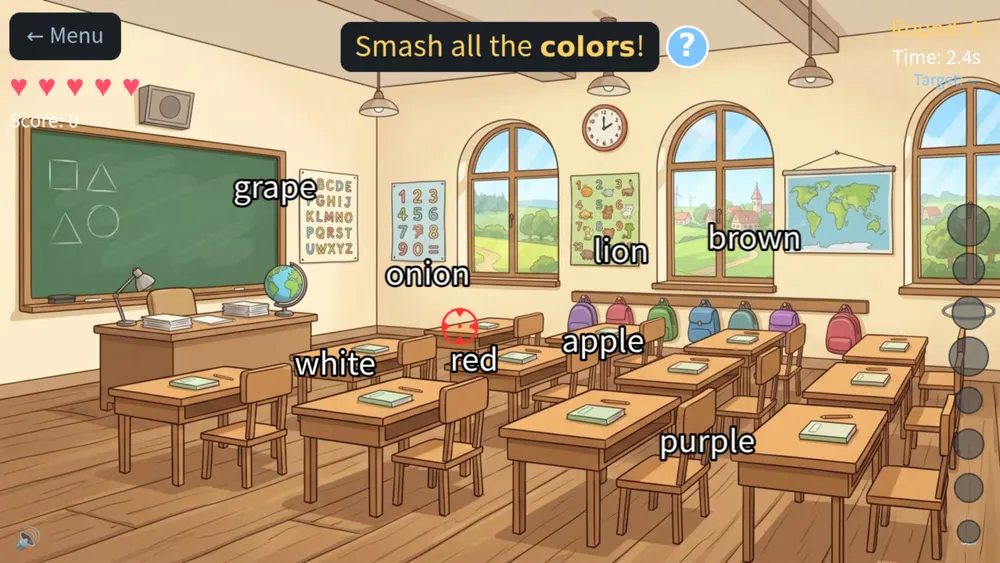 ABC Smash reading game: Smash all the colors round with grape, onion, lion, brown and red floating on screen