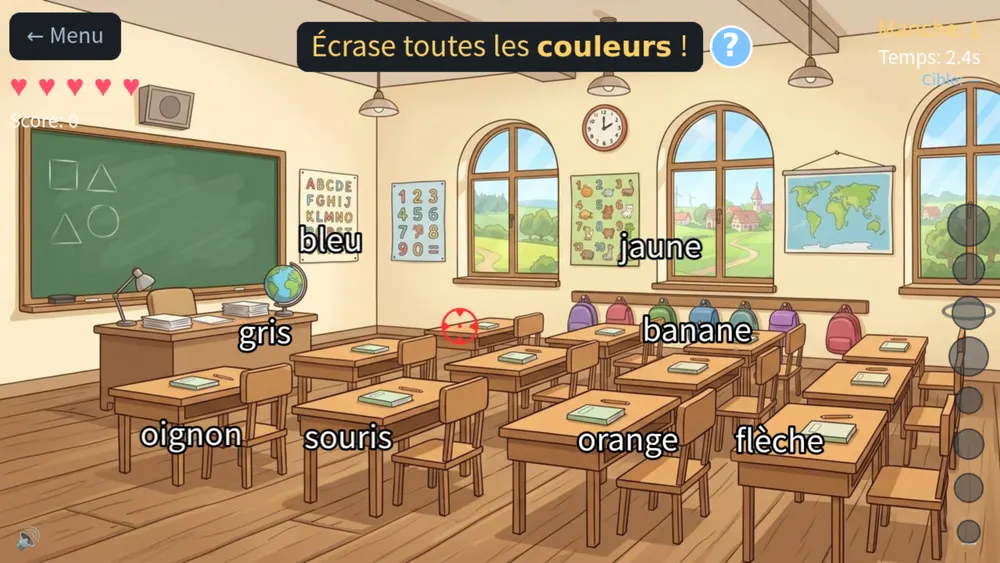 Jeu de lecture ABC Smash : manche sur les couleurs avec des mots comme grape, onion, lion, brown et red à l'écran