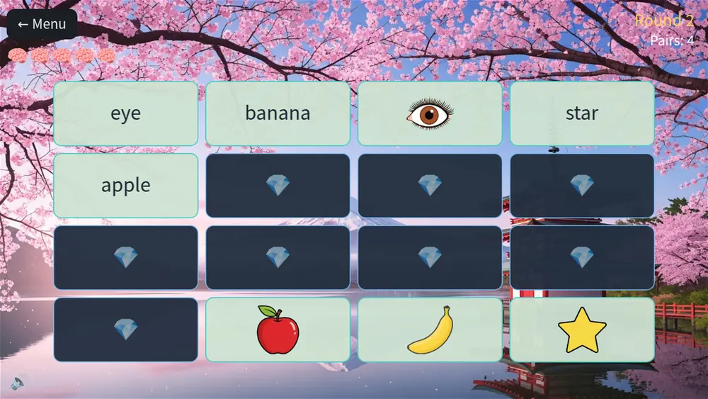 Diamond Pairs minigame in ABC Smash: turn two cards to match a picture with its word