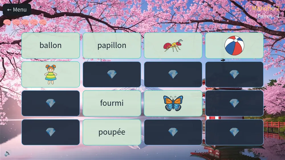 Mini-jeu Paires de diamants dans ABC Smash : retourner deux cartes pour associer image et mot