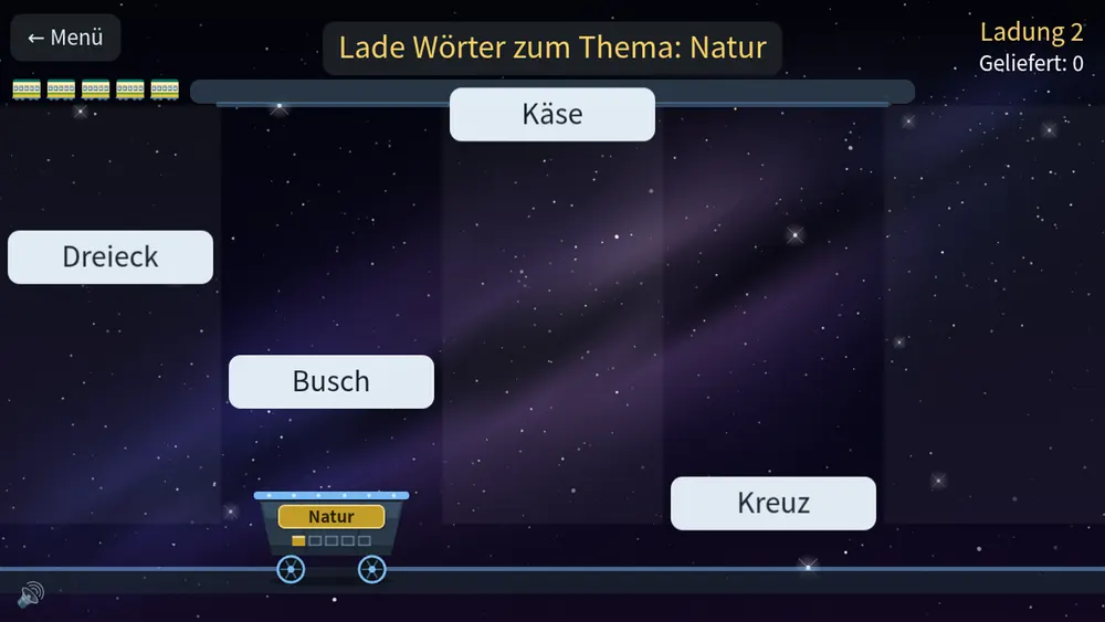 Minispiel Wortwagen in ABC Smash: nur die Wörter auf den Wagen laden, die zum Schild passen