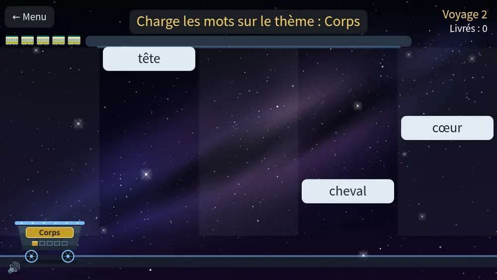 Mini-jeu Chariot de mots dans ABC Smash : charger seulement les mots qui correspondent au panneau