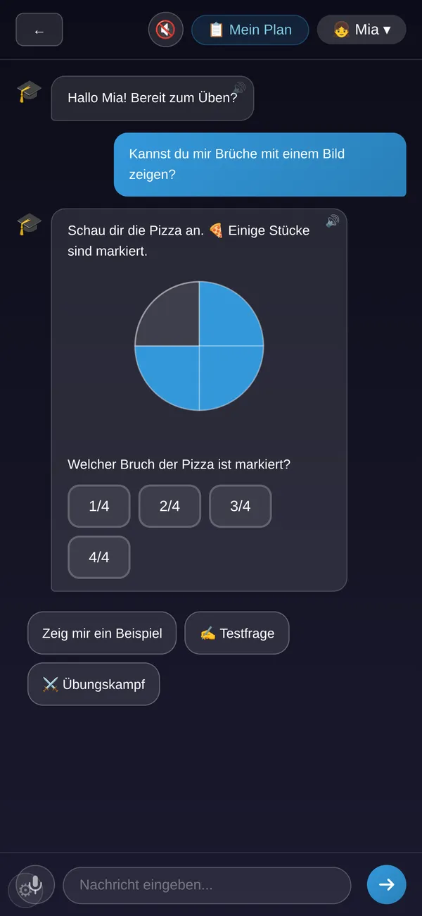 KI Mathe-Tutor für Kinder erklärt im Chat einen Bruch mit einer Pizza-Grafik