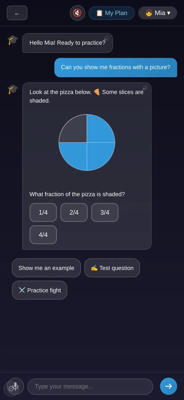 AI math tutor for kids explaining a fraction with a pizza visual in the chat