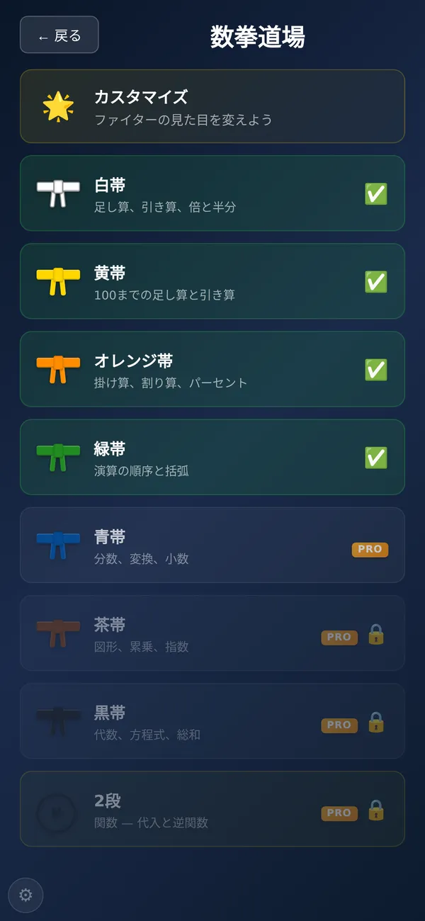 暗算練習のMath Dojo、白帯から2段までの帯リスト