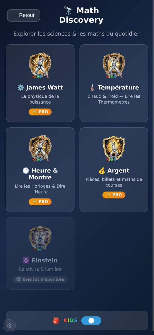 Écran Math Discovery avec température, heure, argent, Pythagore et James Watt