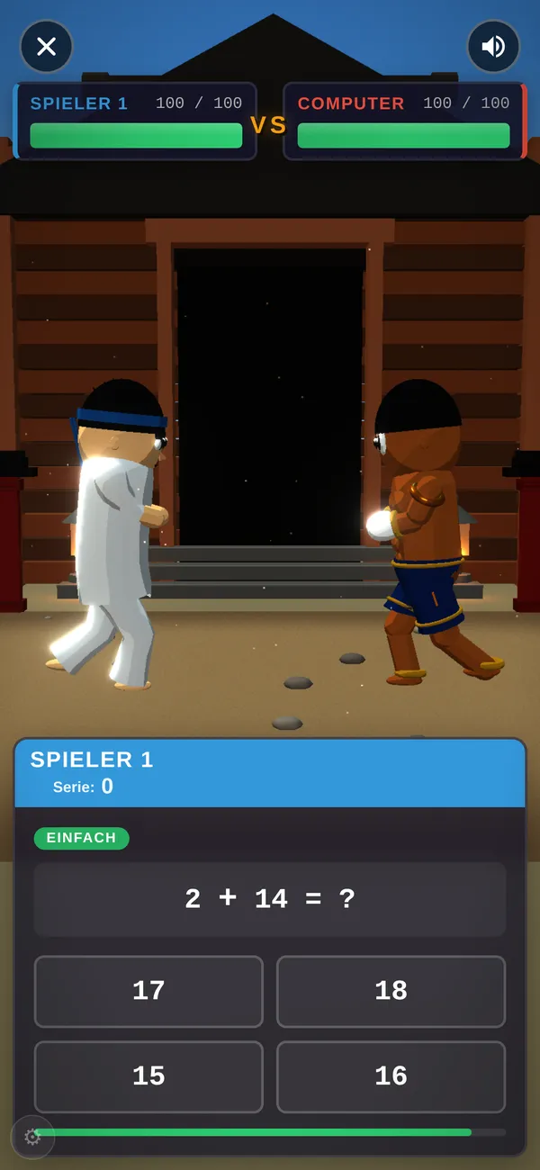 Mathe Fighter Dojo-Kampf gegen den Computer mit der leichten Aufgabe 7 + 7 = ?