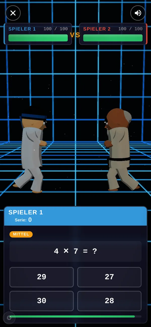 Mathe Fighter Arena mit der Aufgabe 5 x 4 = ? und vier Antwortknöpfen über zwei Lebensbalken
