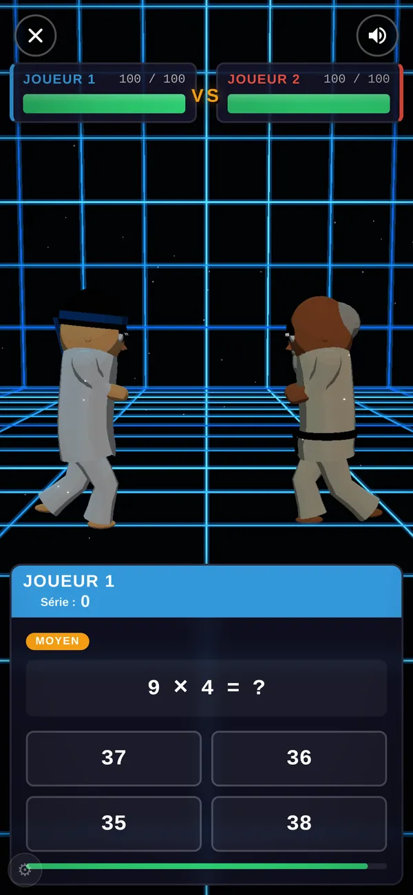 Arène de Math Fighter avec la question 5 x 4 = ? et quatre boutons de réponse au-dessus de deux barres de vie