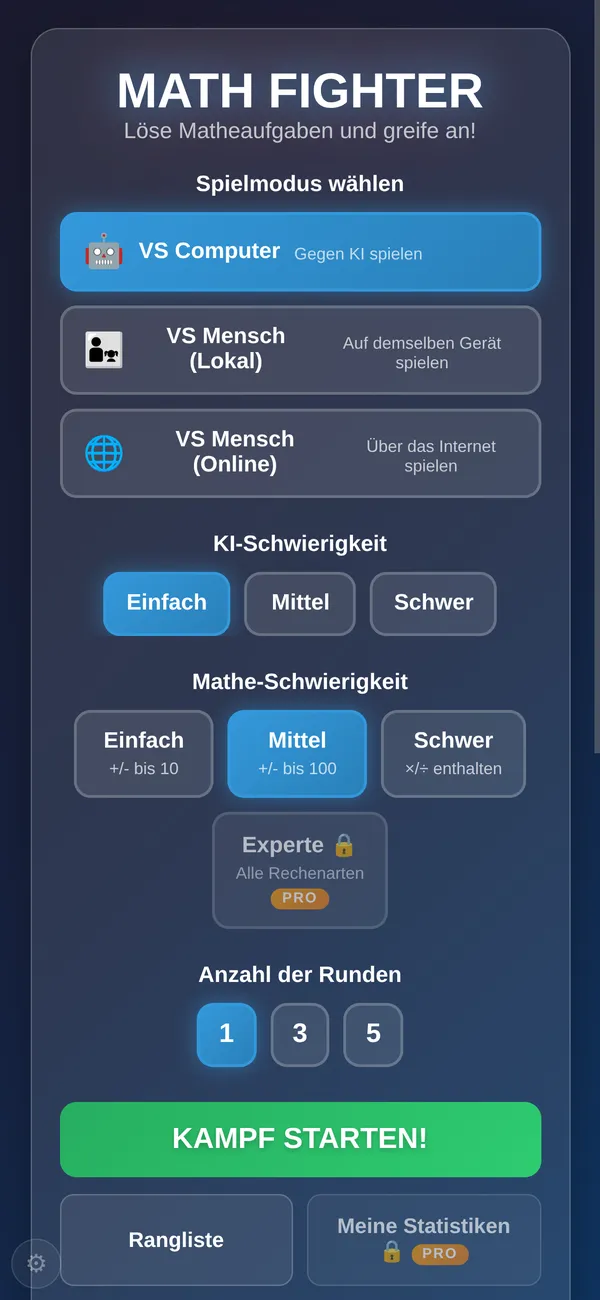 Mathe Fighter Hauptmenü mit VS Computer, lokal und online, Schwierigkeit und Runden