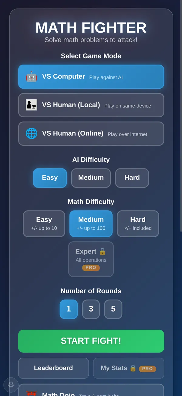 Math Fighter main menu with VS Computer, local and online modes, difficulty and rounds