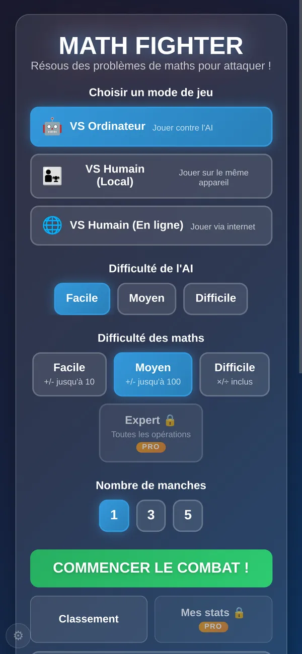 Menu principal de Math Fighter avec modes ordinateur, local et en ligne, difficulté et manches