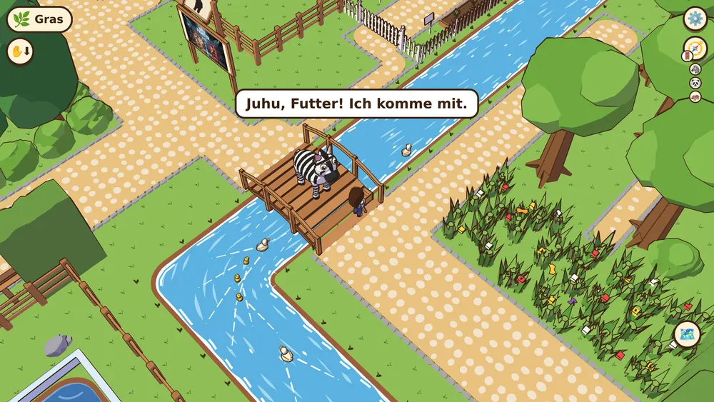 Girl leads a zebra over a wooden bridge in Zoo Explorers, a reading game for kids