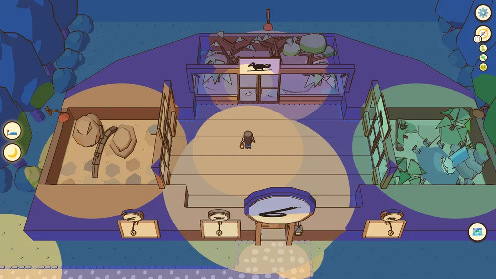 Night terrarium hall with reptile and frog enclosures in the Zoo Explorers game